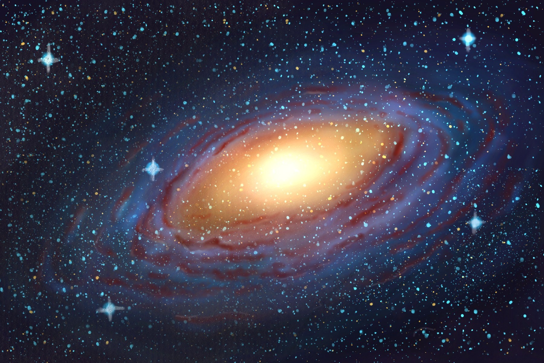 A hand-painted amber and blue spiral galaxy, glowing at its center, scattered with soft four-pointed stars.
